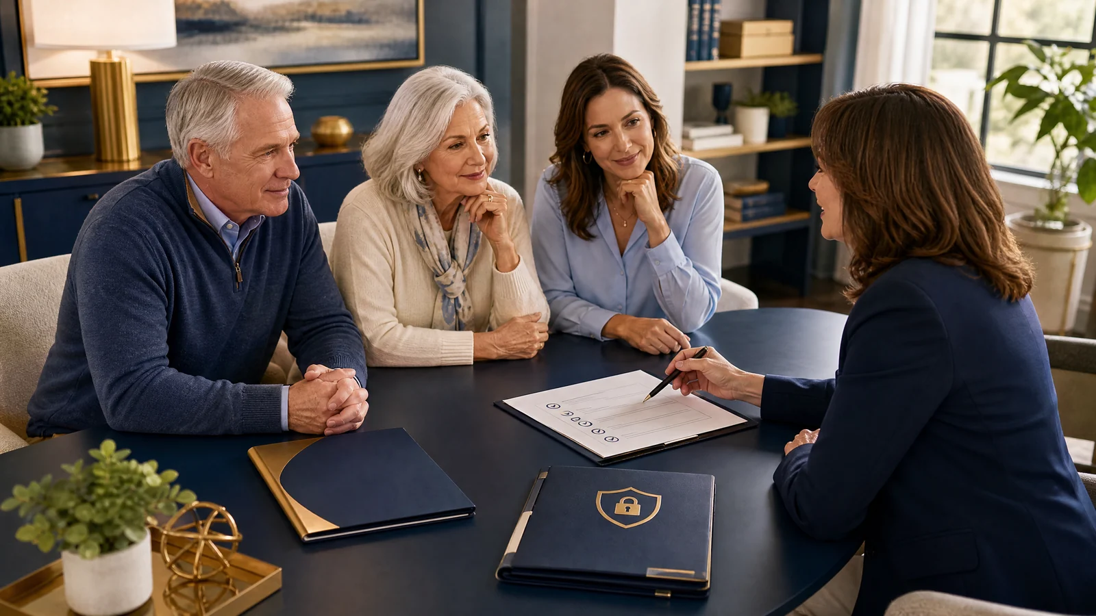 Family interviewing a professional daily money manager with an organized checklist on the table