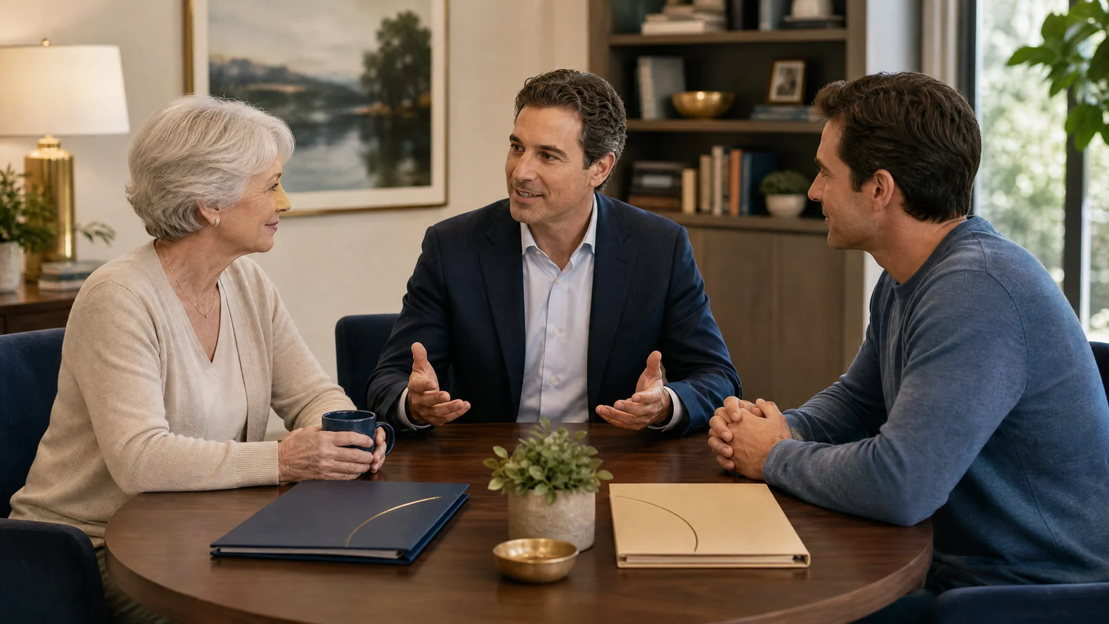 Senior and family member comparing a professional fiduciary support plan at a home table