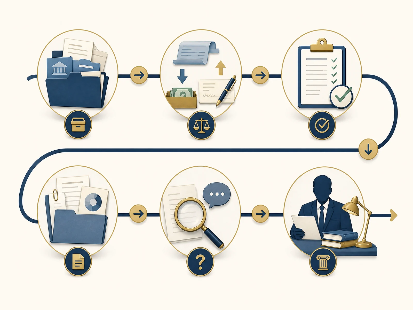Financial reporting workflow showing source records, reconciliation, transaction review, attorney questions, and organized delivery