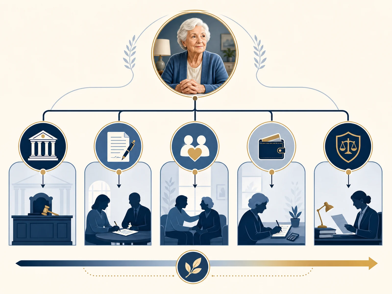 Financial guardian workflow showing court authority, asset records, bills, account reconciliation, and reporting
