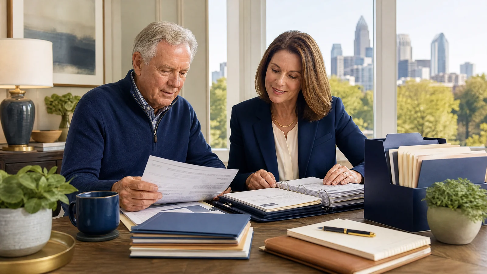 Charlotte family organizing senior financial documents with a professional