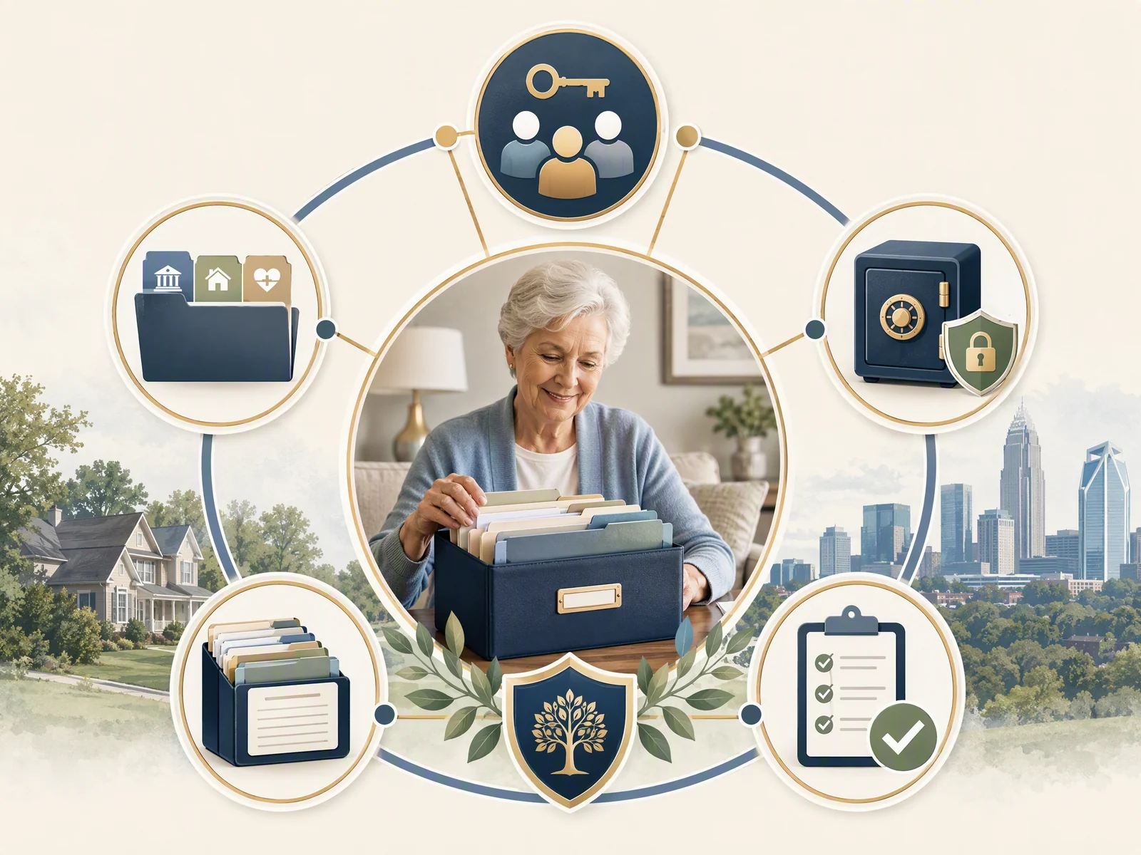 Senior financial document organization framework showing access, categories, secure storage, index, and review