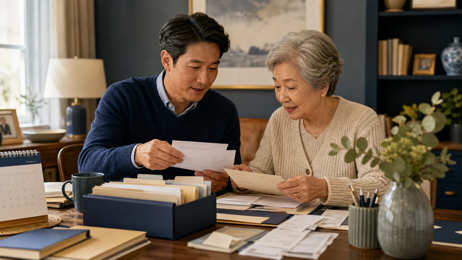 Adult child and older parent organizing financial records together at home