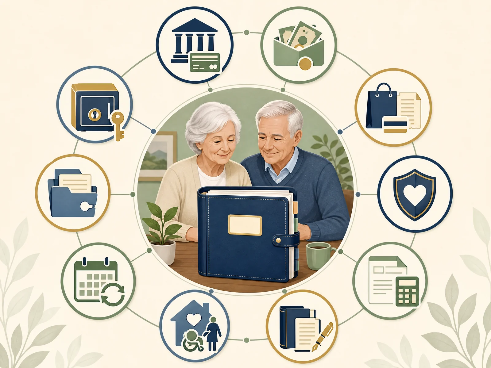 Senior financial recordkeeping system showing current accounts, recurring payments, supporting documents, review, and secure storage