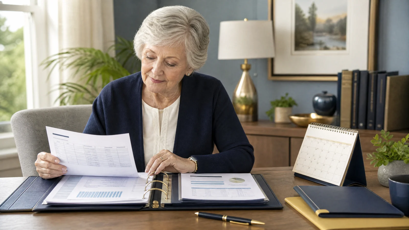 Older adult reviewing an organized senior financial recordkeeping binder