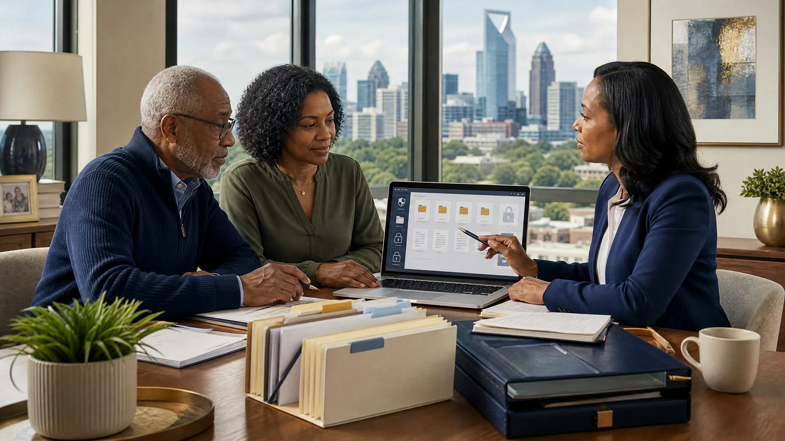 Mecklenburg County family and professional reviewing organized senior financial documents