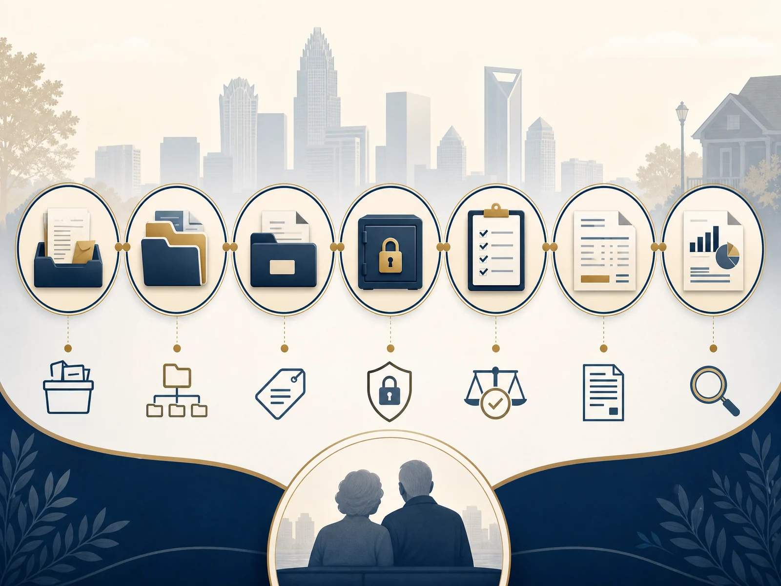 Professional document-management workflow showing intake, organization, secure storage, reconciliation, reporting, and review