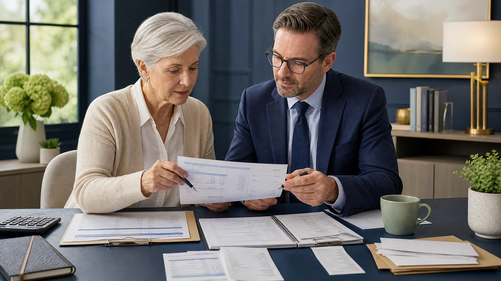 Senior and financial professional reviewing an account reconciliation report