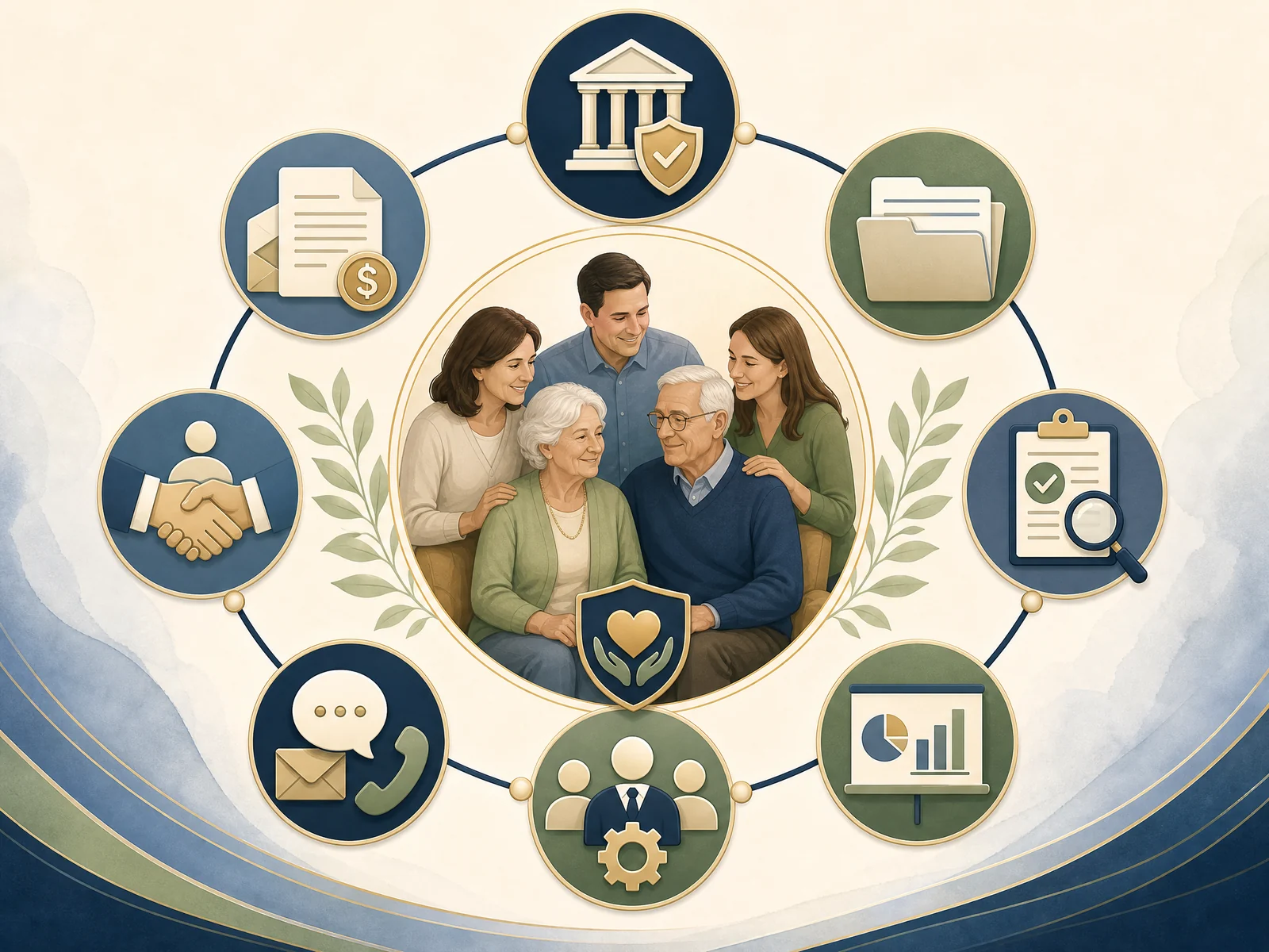 Senior family financial administration framework showing authority, bills, records, reconciliation, reporting, and communication
