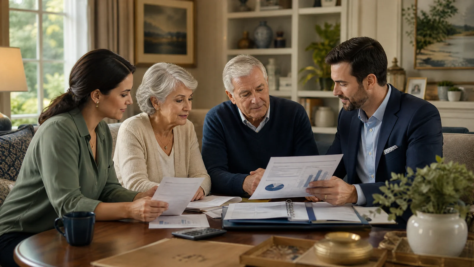 Family members and a professional reviewing a senior financial administration plan