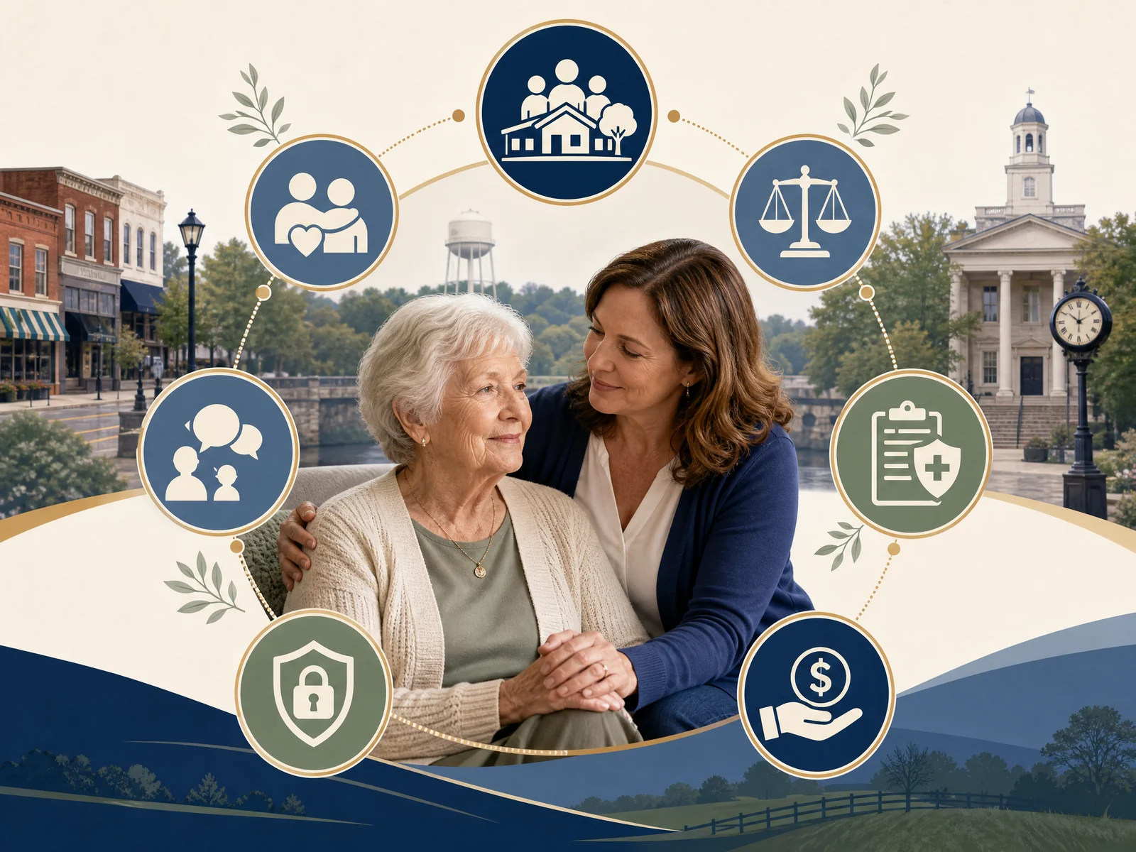 Lancaster County senior financial support map showing community resources, legal help, daily administration, fraud response, and family communication