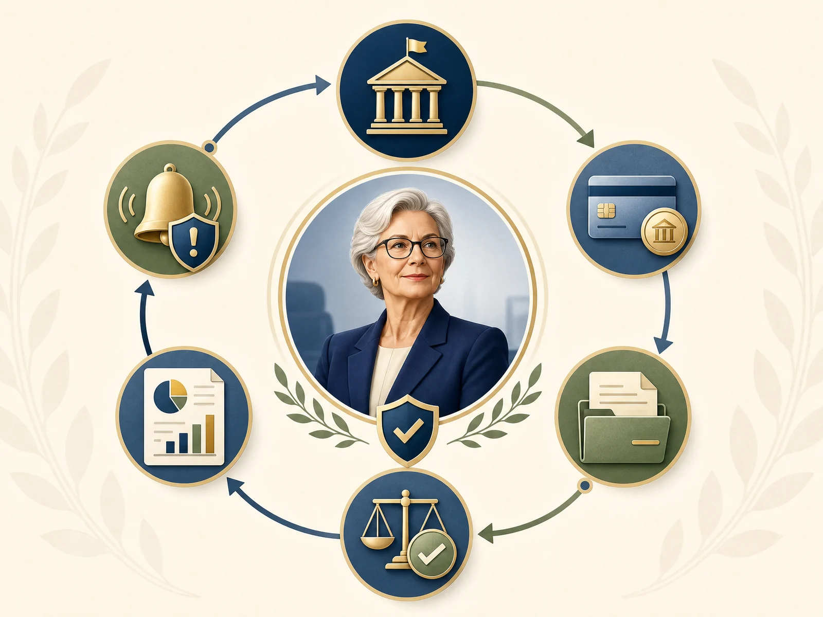 Senior financial compliance monitoring framework showing authority, payments, records, reconciliation, reporting, and escalation
