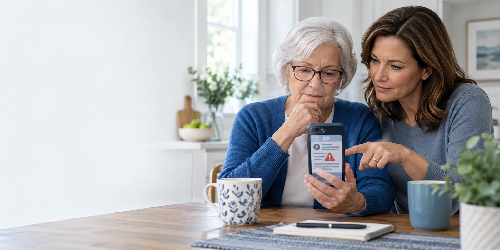An older adult and her daughter reviewing a suspicious healthcare message on a phone