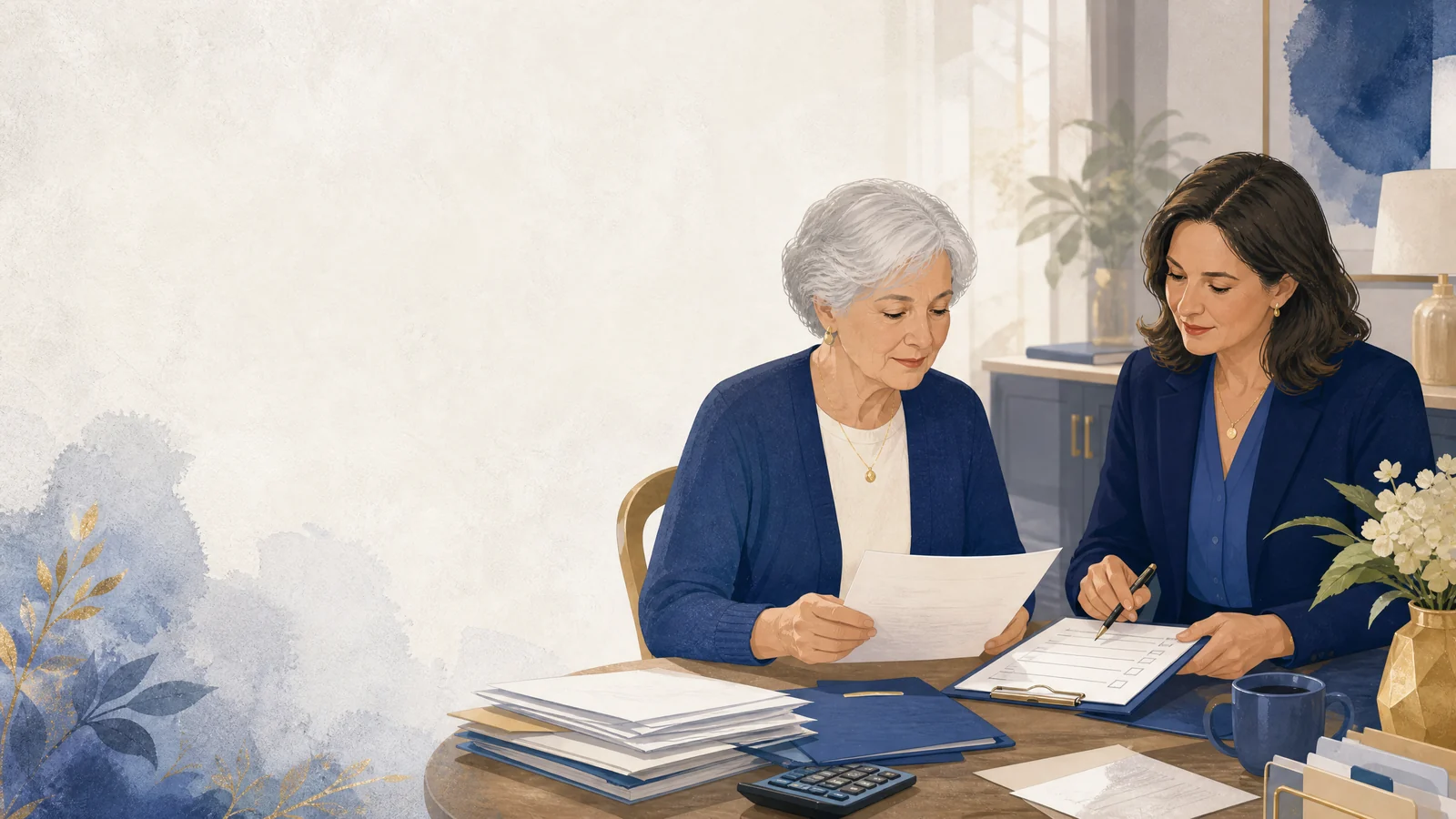 Professional daily money manager reviewing organized bills with an older adult