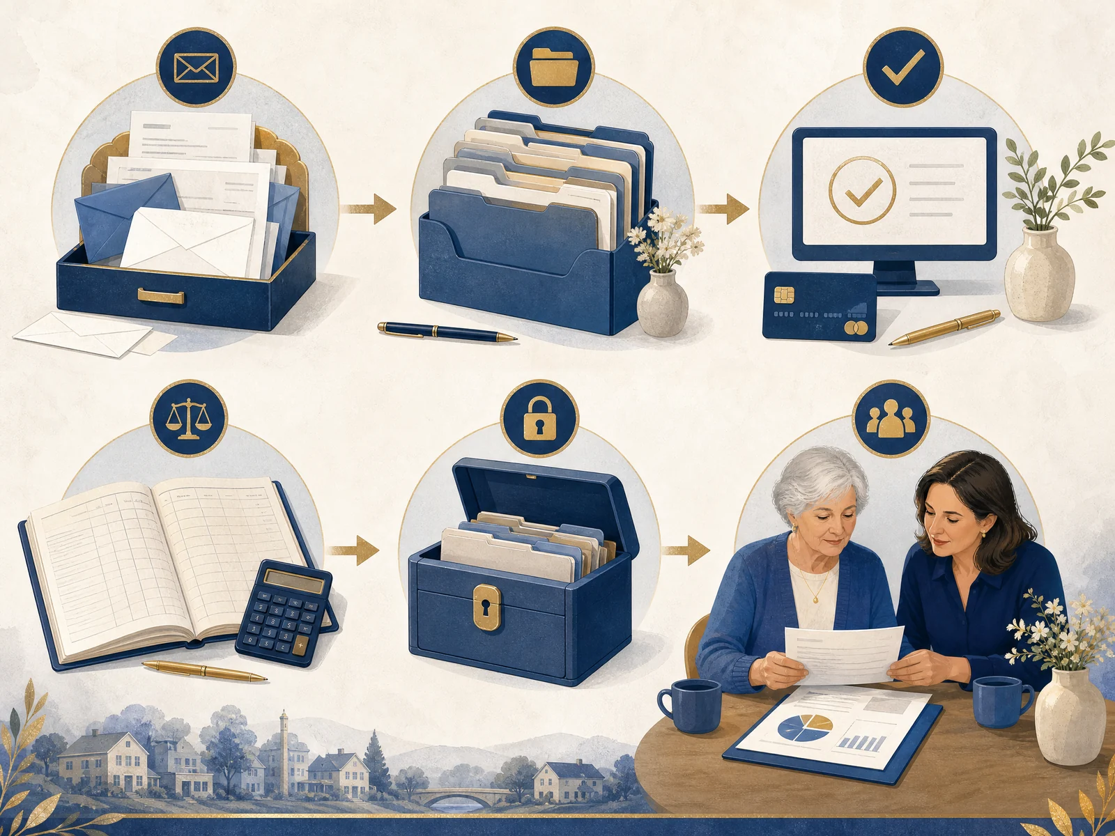 Visual sequence showing incoming mail, organized bill folders, payment confirmation, reconciliation, document security, and family reporting
