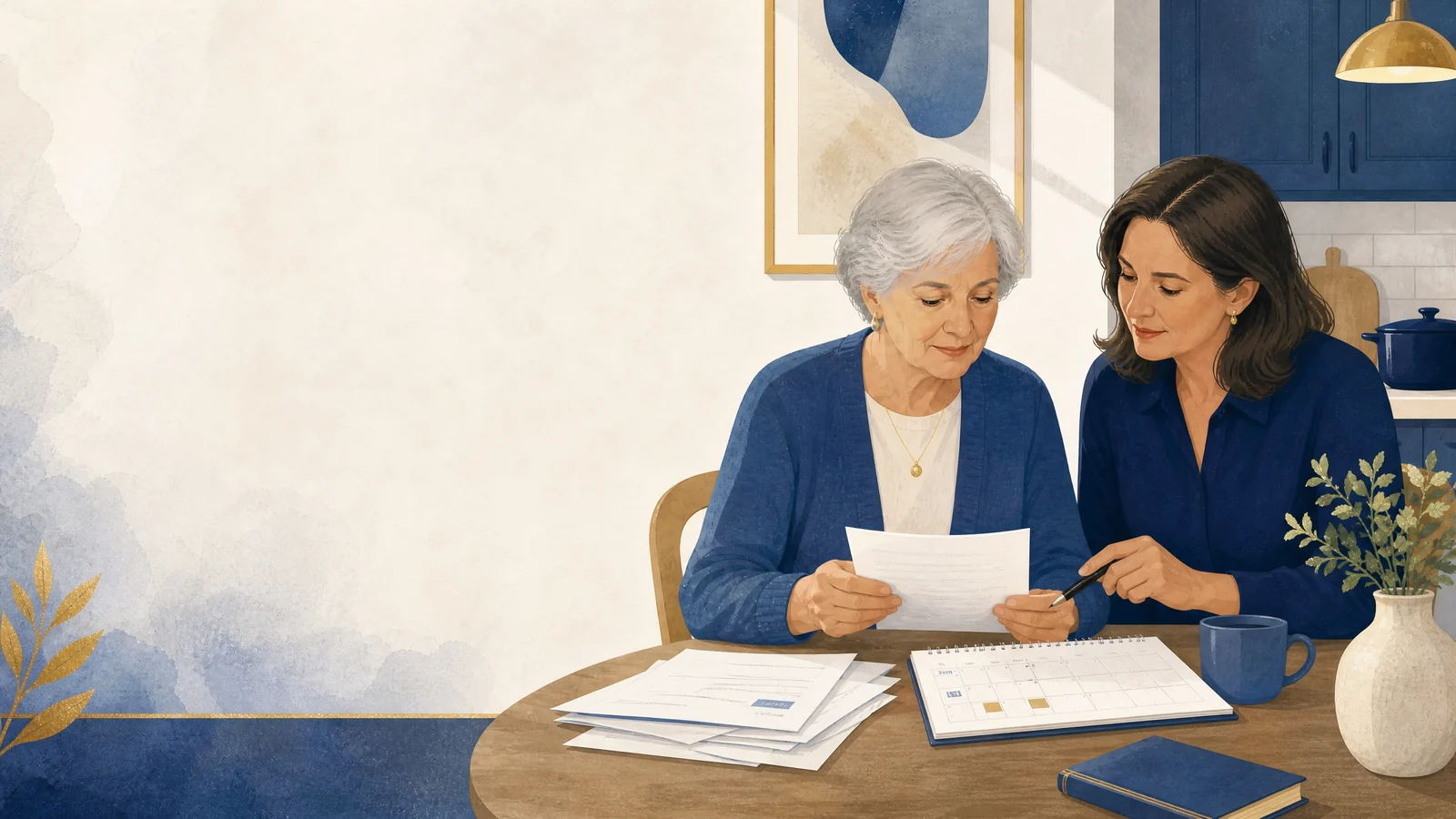 Adult child and older parent reviewing monthly bills together