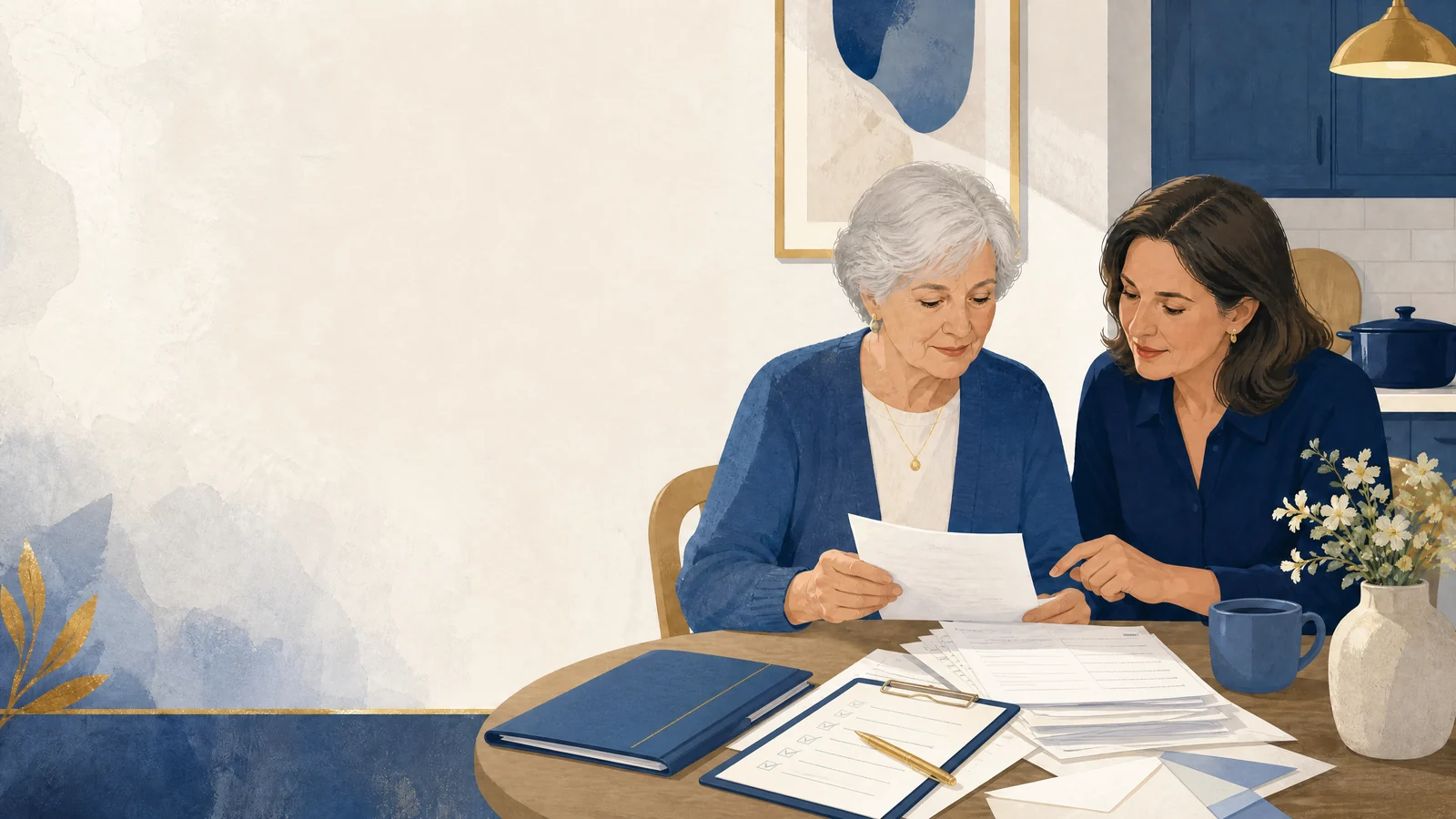 Professional reviewing organized fiduciary bill-payment records with an older adult