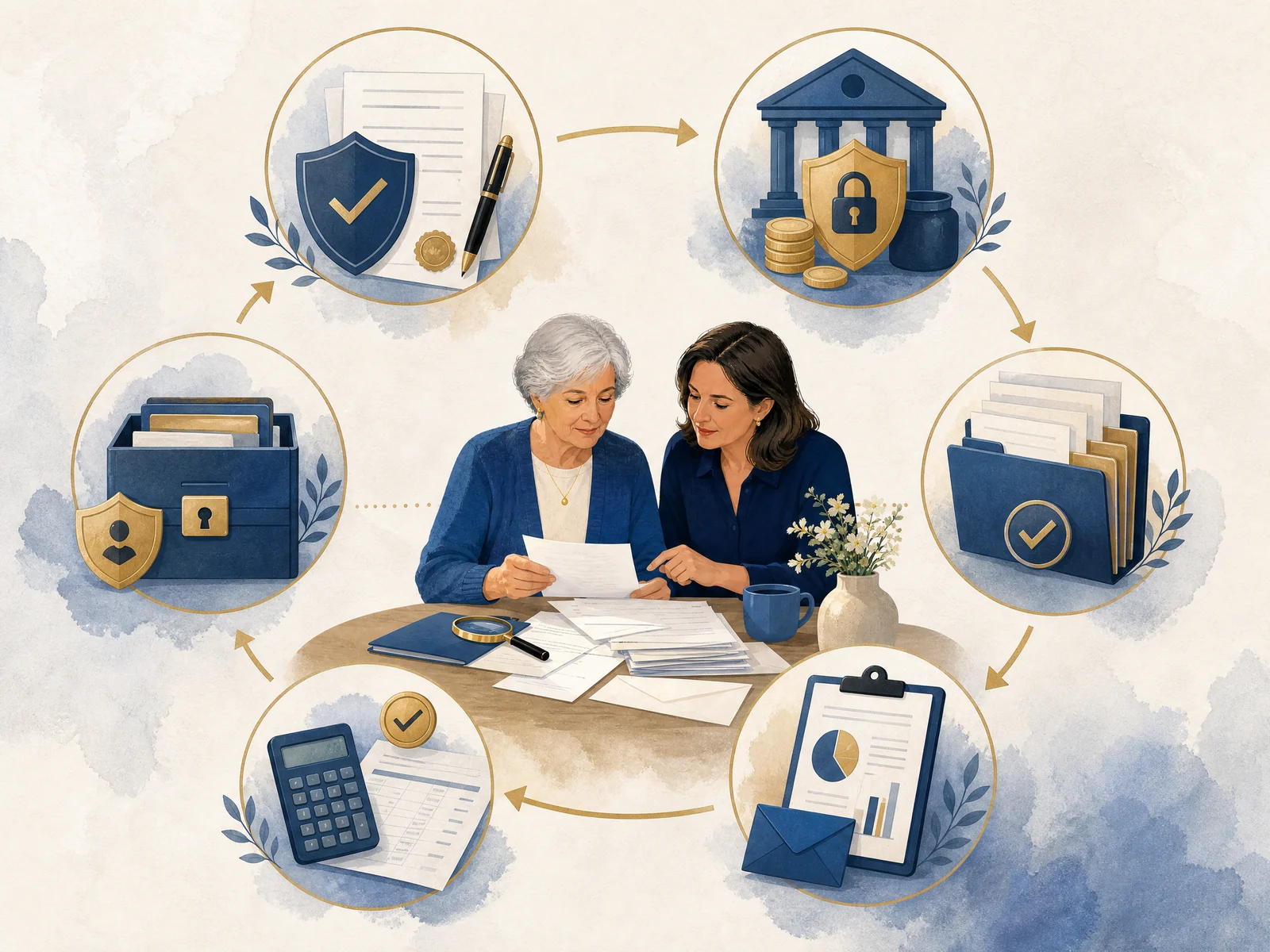 Visual sequence showing fiduciary authorization, separated funds, reconciliation, secure records, and reporting
