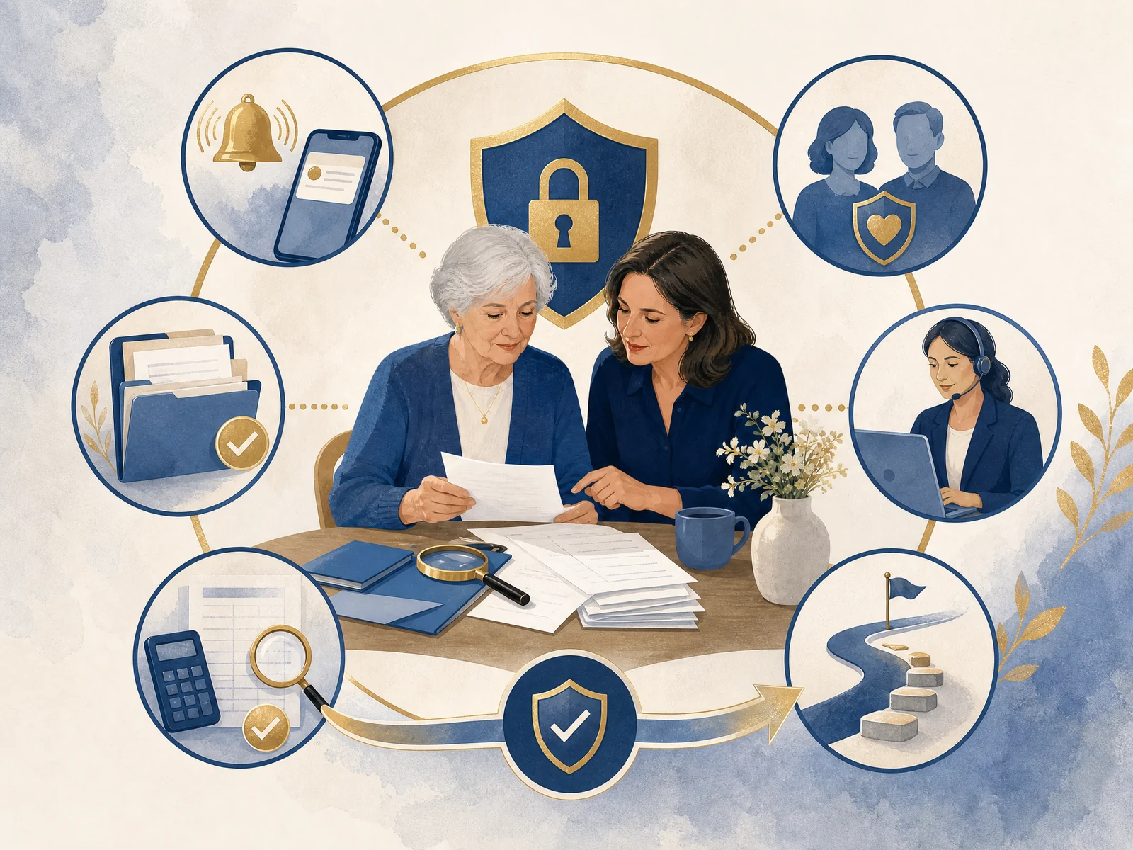 Layers of protection for senior bank accounts, including alerts, records, reconciliation, trusted contacts, review, and escalation