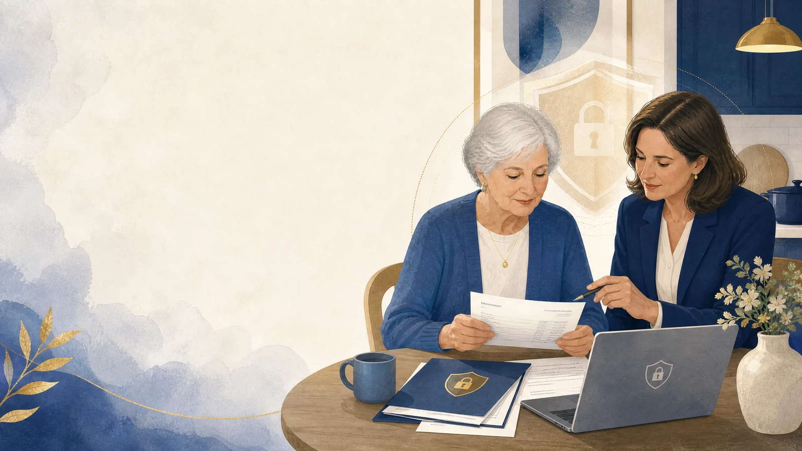 Older adult and trusted professional reviewing senior bank-account activity