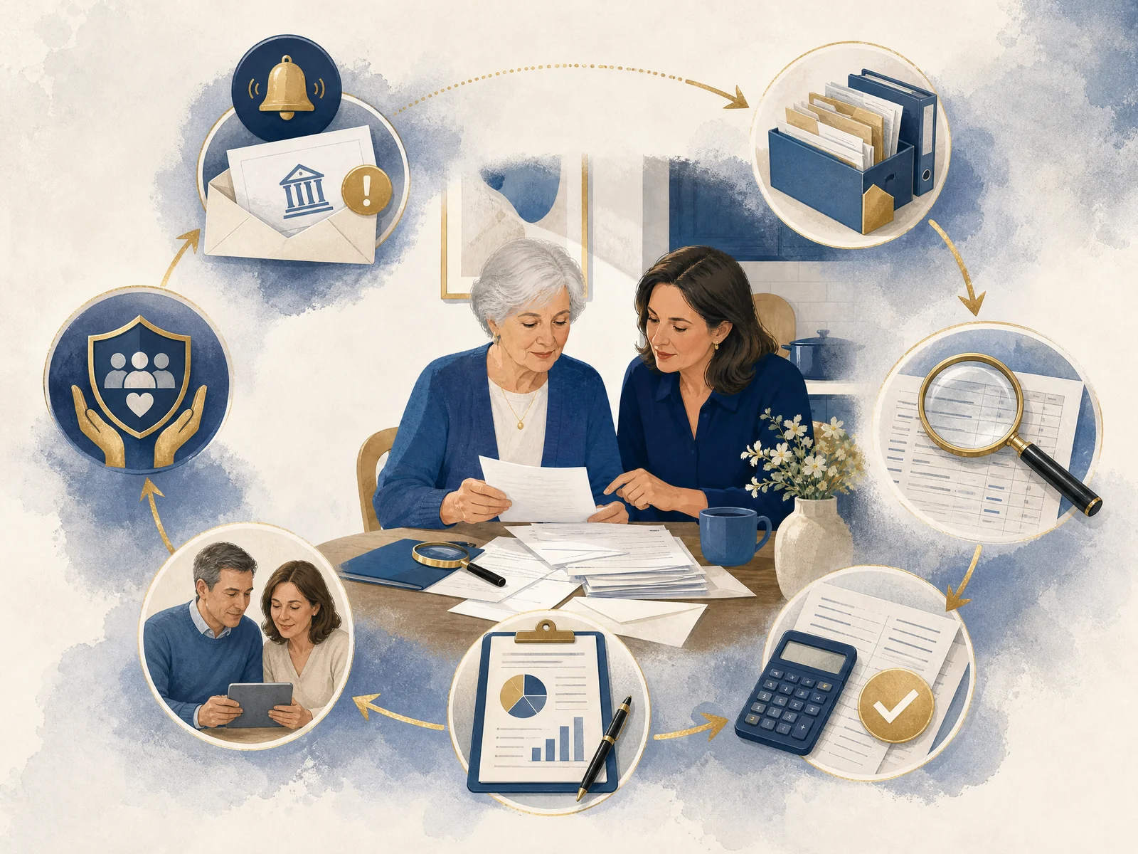 Senior financial monitoring workflow showing alerts, organized records, review, reconciliation, reporting, and escalation
