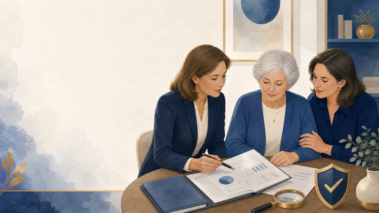 Professional reviewing a senior financial report and account activity with an older adult and family member